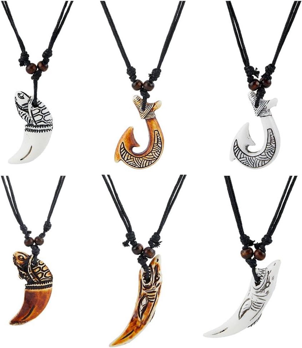 Allecto Premium - Ocean Resin Tribal Ketting | 6 Maori Vis Hangers | 2 Kleuren | Verstelbare Zwart Was Koord | RVS | Vrouwen.